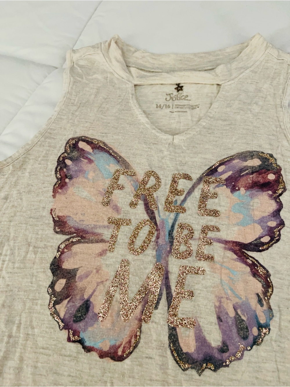 Justice Girls Cream Tank with Pastel Butterfly and Gold Glitter